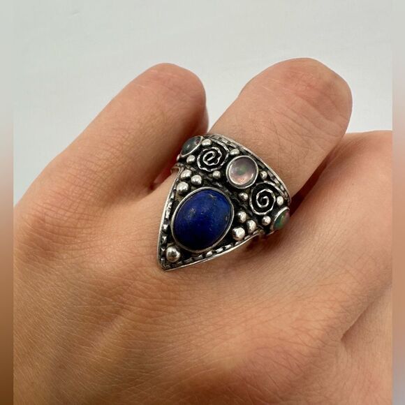 Vintage Sterling Silver 925 Moonstone & Lapis Unusual Intricate Ring Size 5.5 - Picture 12 of 14